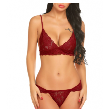 See Through Sexy Lace Bralette Set - Black,Red